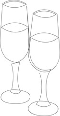 Two glasses with champagne, continuous one line drawing style.Vector illustration.