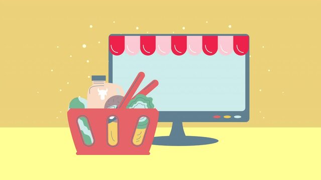 desktop with groceries ecommerce animation