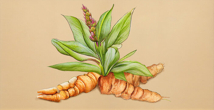 Termeric (Curcuma Longa). Botanical illustration on white paper. The best medicinal plants, their effects and contraindications. Natural medicine. Plant properties