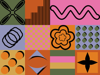 Retro futuristic elements for design. Collection of abstract graphic geometric symbols, shapes and objects in y2k style / Brutalism bold style. Abstract geometric elements bauhaus swiss style. 