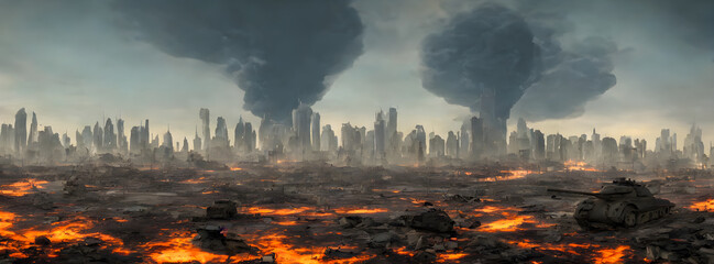 Post apocalypse. Nuclear apocalypse survivor. Ruined Cityscape. Concept. Banner size. Header