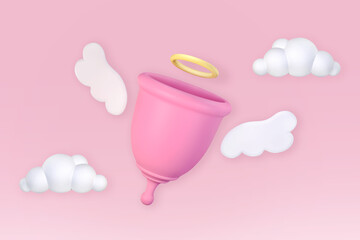 3D rendering of a pink menstrual bowl in the form of an angel with wings and a halo on a gentle background with clouds. Cartoon modern 3D image.