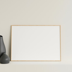 Minimalist front view horizontal wooden photo or poster frame mockup leaning against wall on table with vase. 3d rendering.