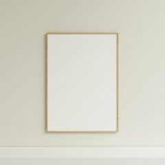 Clean and minimalist front view vertical wooden photo or poster frame mockup hanging on the wall. 3d rendering.
