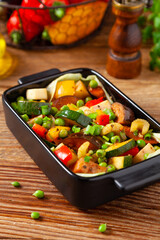 Vegan stew. Prepared in a roasting pan.