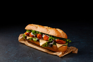 Chicken sandwich in breadcrumbs. A long roll. Dark mood.