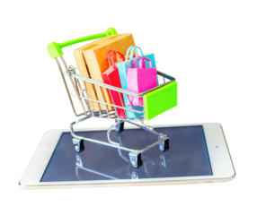 Product package box and shopping bag in cart with tablet which web store shop on screen for online shopping and delivery concept.