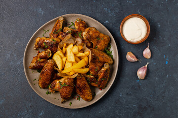 Baked chicken wings. Served with sauce or fries.