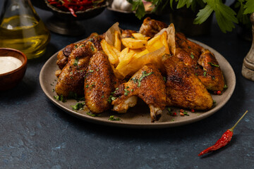 Baked chicken wings. Served with sauce or fries.