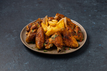 Baked chicken wings. Served with sauce or fries.