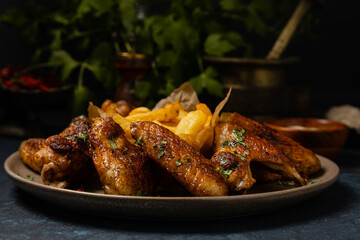Baked chicken wings. Served with sauce or fries.