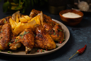 Baked chicken wings. Served with sauce or fries.