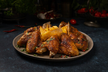 Baked chicken wings. Served with sauce or fries.