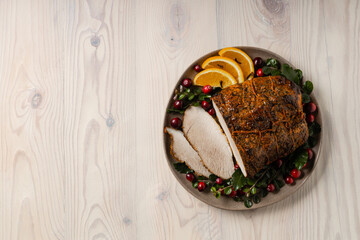 Whole baked ham. Christmas decoration.