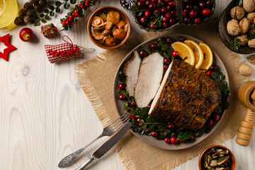 Whole baked ham. Christmas decoration.