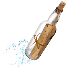 Message in the bottle floating with bubbles, appeal for help, partial transparency