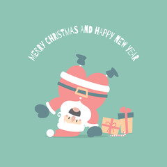 merry christmas and happy new year with cute santa claus and present gift in the winter season green background, flat vector illustration cartoon character costume design