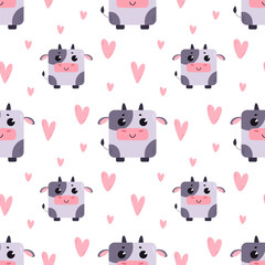 A cow with hearts. Pattern with cute cartoon animals. Kawaii children's print with pets. Vector illustration for fabric, paper, wallpaper, packaging