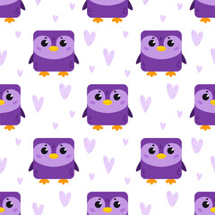 Penguin with hearts. Pattern with cute cartoon animals. Kawaii children's print with pets. Vector illustration for fabric, paper, wallpaper, packaging