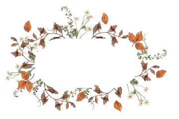 Circle oval watercolor autumn fall frame wreath. Flower Bouquet. 