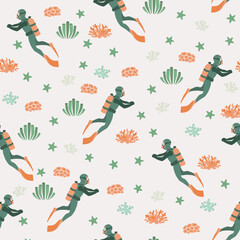 Vector seamless pattern witha diver, algae and starfish .Underwater cartoon creatures.Marine background.Cute ocean pattern for fabric, childrens clothing,textiles,wrapping paper