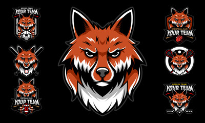 Fox Head Mascot Logo with logo set for team football, basketball, lacrosse, baseball, hockey , soccer .suitable for the sports team mascot logo .vector illustration.