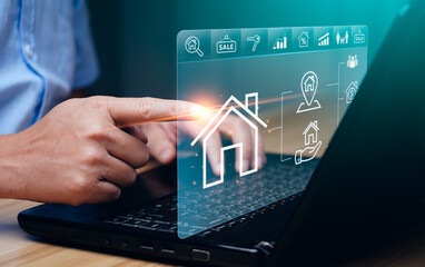 real estate, buy house concept, location, energy efficiency rating and property value, Real estate online on virtual screens. new home for the family, home search, land price