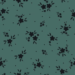 Vintage floral background with black flowers and leaves,dots. green background. Seamless pattern for design and fashion prints.Stock vector illustration.