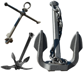 Three old anchors (folding grapnel anchor), isolated on transparent background, photography, png.
