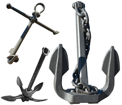 Three old anchors (folding grapnel anchor), isolated on transparent background, photography, png.
