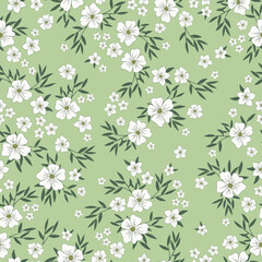 Vintage floral background with white flowers, green leaves. light green background. Seamless pattern for design and fashion prints.Stock vector illustration.