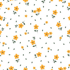 Vintage floral background with yellow flowers , green leaves. white background. Seamless pattern for design and fashion prints.Stock vector illustration.