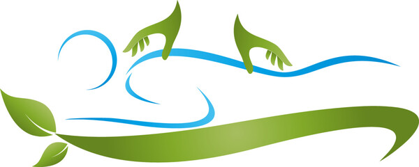 Zwei Hände und Person, Massage, Orthopädie, Chiropraktiker, Logo