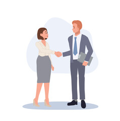 Fototapeta premium Man and woman shaking hands achievement in deal. office workers shaking hands, contract, teamwork, partnership.Vector illustration.