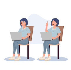 Woman with laptop sitting. working with Laptop. Making thumb up hand gesture. Vector illustration.