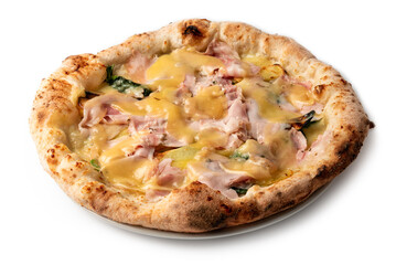Deliziosa pizza gourmet condita con porchetta, patate, friarielli e formaggio, cibo italiano 