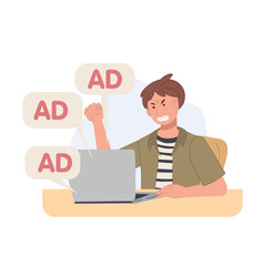 Angry man with ads notifications from laptop, internet ad , spam. Vector illustration.