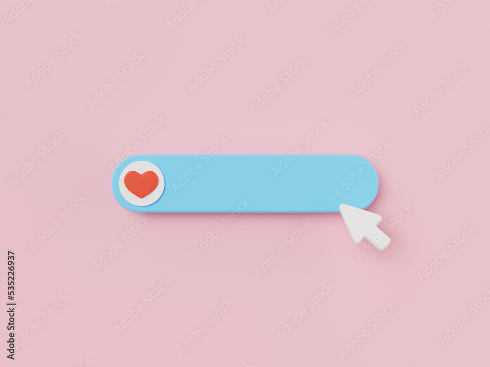 Poster 3d render of search bar with heart icon isolated on pink, web browser tool.