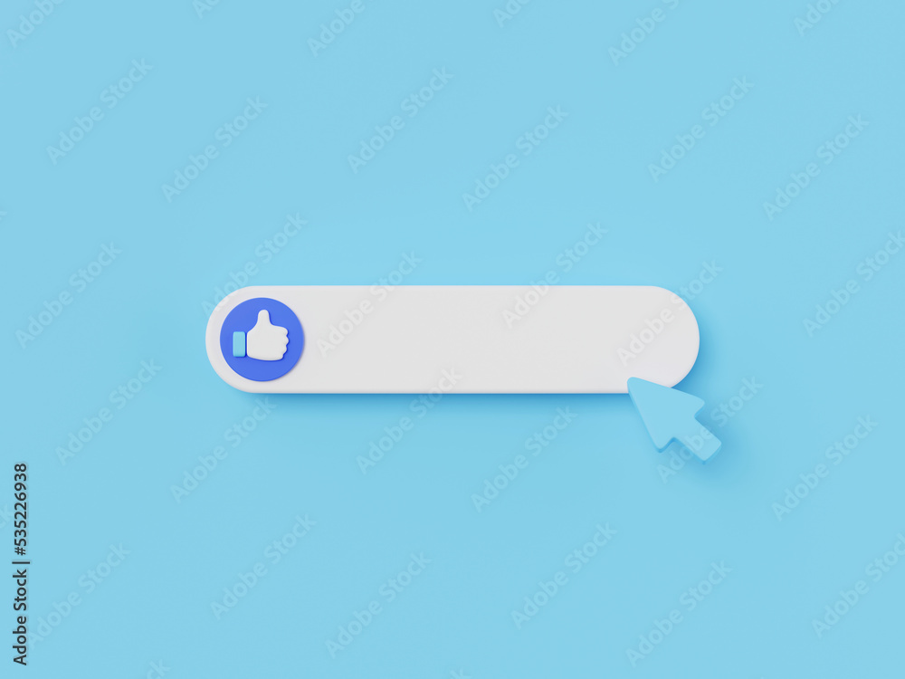 Poster 3d render of search bar with like icon isolated on blue, web browser tool.