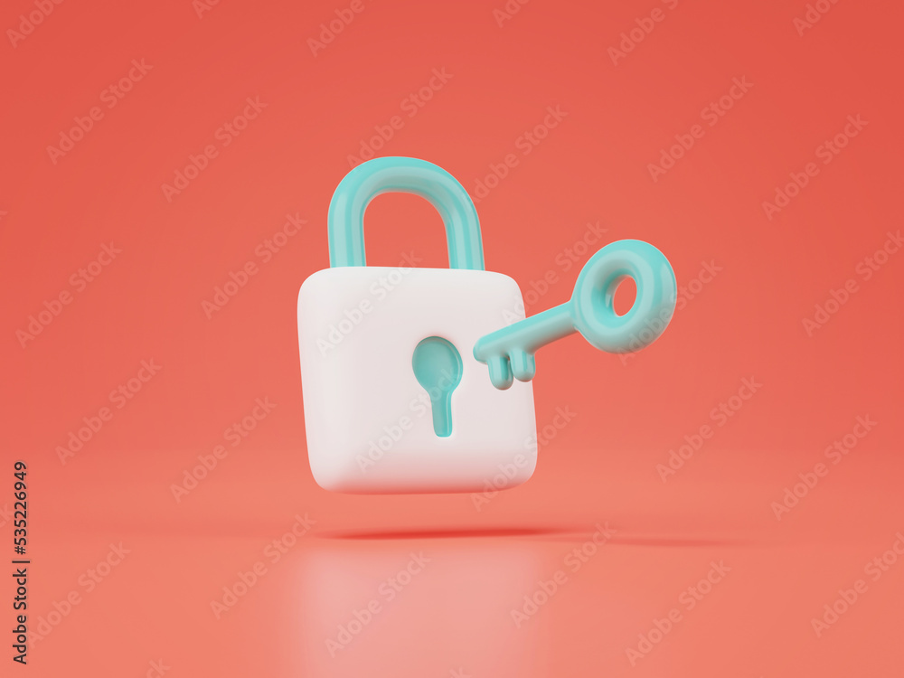 Poster 3d render of padlock with key isolated on red.