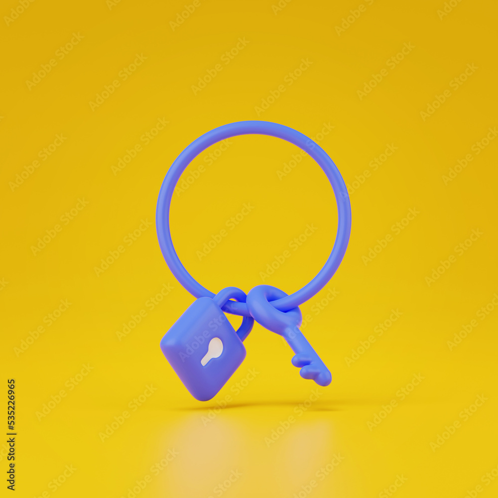 Poster 3d render of padlock with key isolated on orange.