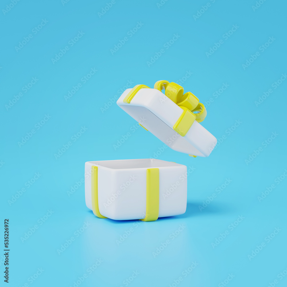 Poster 3d rendering of gift box isolated on blue.