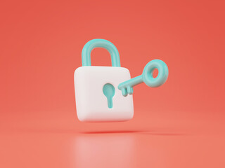 3d render of padlock with key isolated on red.