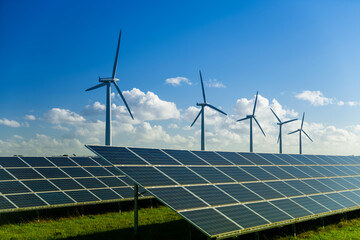Wind turbine and solar panels energy generaters on wind farm