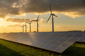 Wind turbine and solar panels energy generators on wind farm