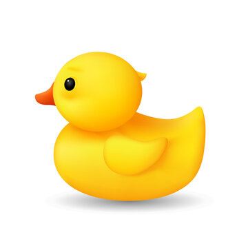 Yellow duck toy. Fun floating rubber bath and shower cute toy fun plastic fun with funny design for vector kids