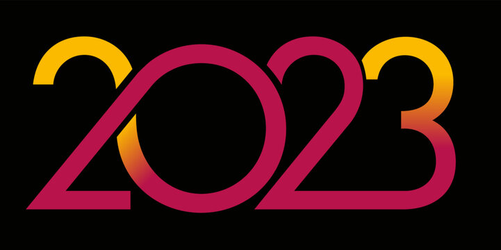 Carte de vœux au graphisme dynamique pour présenter l’année 2023 avec une succession de courbes de couleur rouge et jaune sur un fond noir.