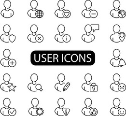 Fototapeta na wymiar Set of outline icons about users, internet personality, user interface. Simple symbols with black color contour. Vector illustration. EPS 10