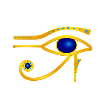 Golden eye of horus. Mystical egyptian god symbol with blue gems luminous sacred talisman protection from vector evil