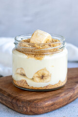 Banana magnolia dessert. Delicious magnolia dessert in glass bowl. close up